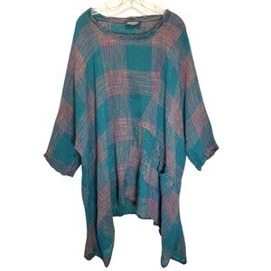 Transparente Black Label Teal and Purple Plaid Linen Lagenlook Tunic - One Size